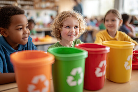 Students participate in recycling lesson at school, learning about waste sorting and sustainability
