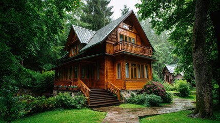 Rustic log cabin nestled among tall trees with a stone pathway leading to the entrance of the house