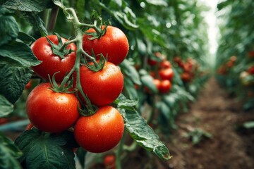 Ripe Red Tomatoes Growing in a Greenhouse, Ready for Harvest