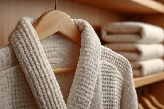 Terrycloth bathrobe hanging in a closet next to stacked clean white towels