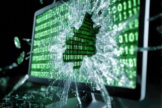 shattered glass monitor with glowing binary code leaking out dark background on fractures ultra detailed no recognizable symbols