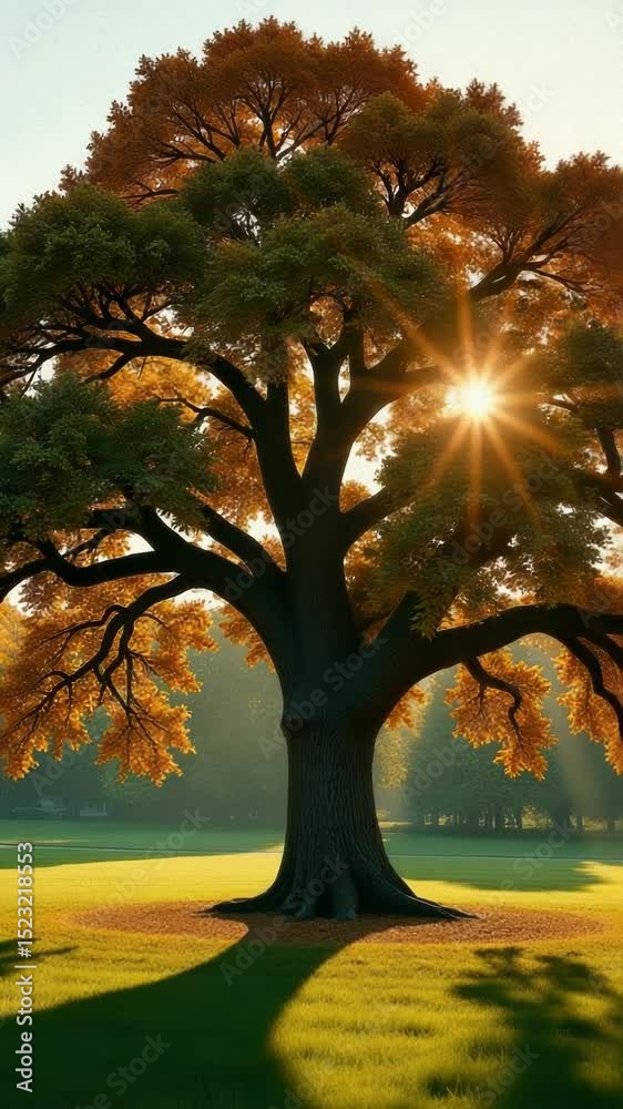 Poster A large tree with sunlight filtering through its leaves
