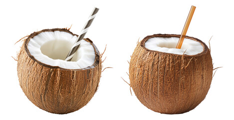 Fresh Coconut Shells with Straws for Refreshing Tropical Drinks, PNG bundle collection, Isolated on Transparent Background