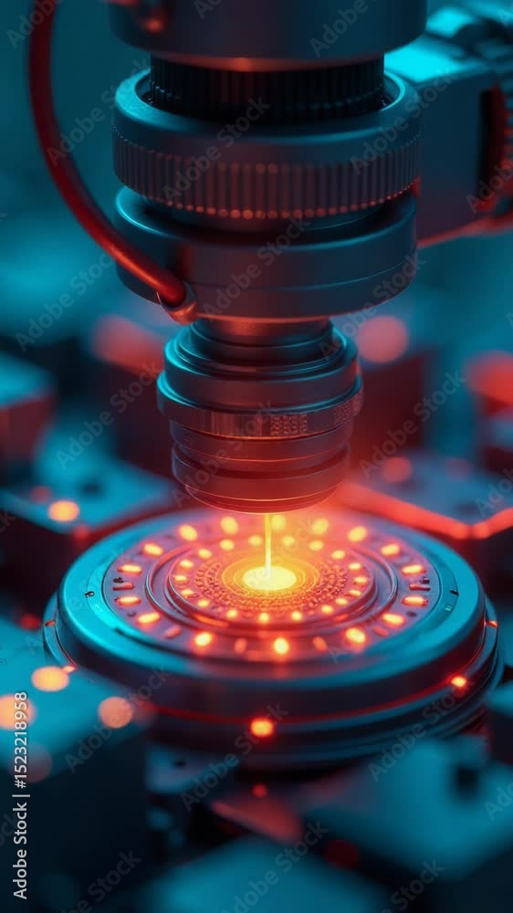 Poster A close-up shot of a machine with red lights illuminated, suitable for use in industry or technology contexts