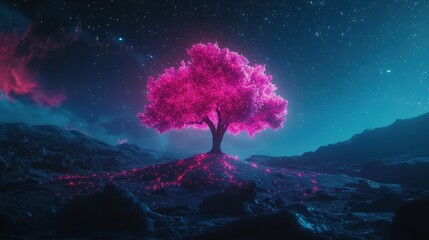 A vibrant pink tree stands alone in a surreal night landscape, glowing under a starry sky, symbolizing beauty and tranquility.