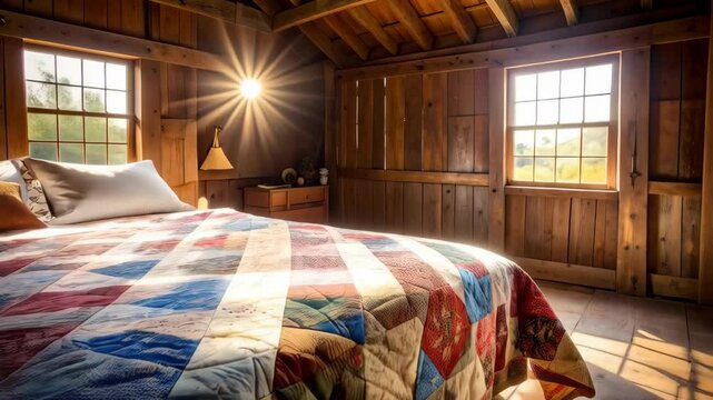 Sunlit cabin interior with rustic wood walls and a colorful patchwork quilt draped over the bed in a peaceful atmosphere.