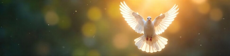 Obraz premium A single, white dove takes flight, symbolizing hope, peace, and spiritual liberation; a soft, ethereal light illuminates its wings , celestial, salvation, ethereal