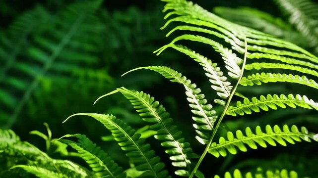 Lush green ferns creating a natural pattern with sunlight illuminating the forest plants in a woodland environment.
