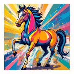 A bright, contrasting illustration of a horse in pop art style. Rich colors, geometric shapes.