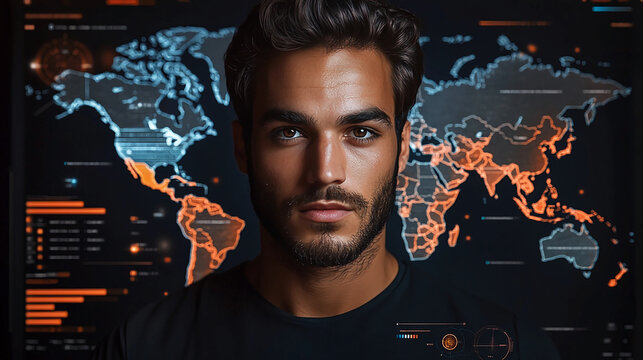 Handsome man cybersecurity expert analyzing world map data breach threat intelligence in dark technology room