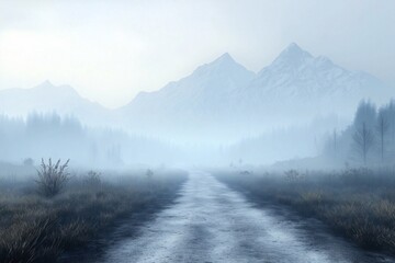 Misty Mountain Road through Foggy Mountainscape. A Serene and Atmospheric Rural Escape for Adventurous Road Trips in Tranquil Nature Scenery