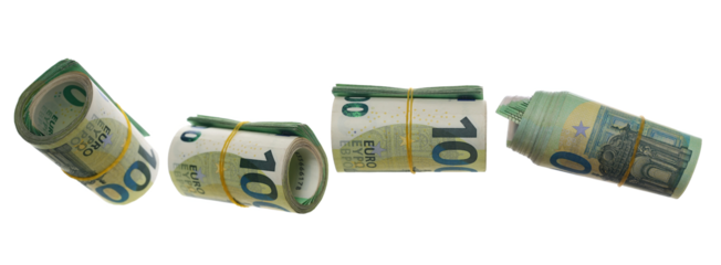 Set money rolls flying, rolled up hundred euro banknotes, bills tied up with rubber band isolated on white background