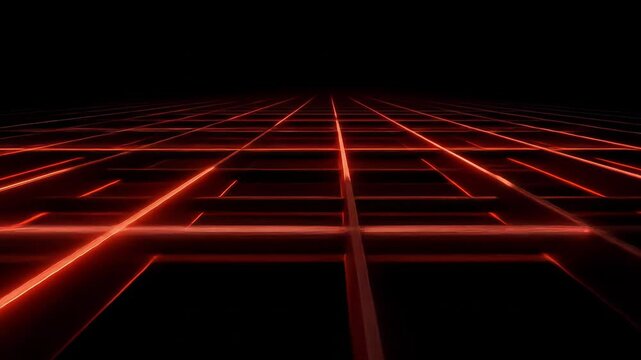 Dynamic red grid pulses across a dark background creating an immersive digital landscape experience