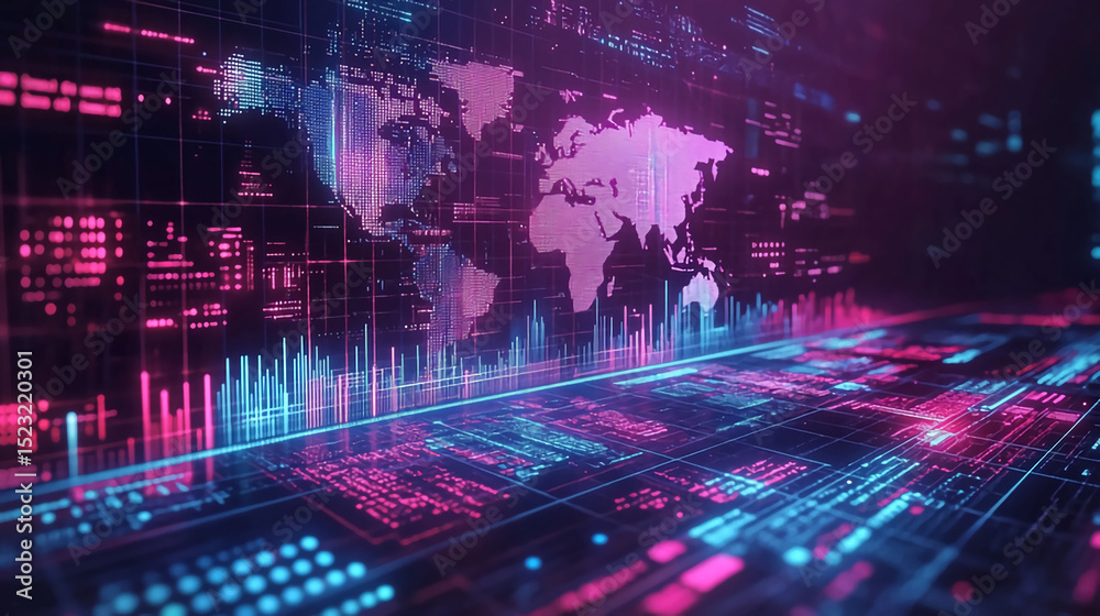 Poster digital world map technology background with glowing neon lights and data visualization effect 3d re