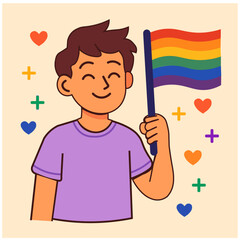 flat-style portrait of a happy guy holding the LGBTQ+ pride flag, symbolizing love, acceptance and diversity