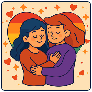 Sweet illustration of a same-sex couple embracing with a rainbow background, representing LGBTQ+ love and pride