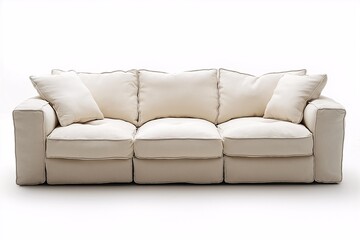 Modern Interior Design. Comfortable Upholstered White Sofa with Pillows in Cozy Living Room
