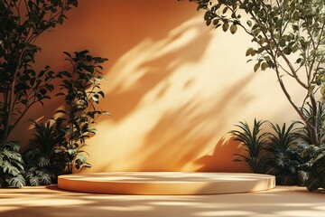 Indoor Stage with Orange Backdrop and Decorative Plants for Modern Showcase Presentation