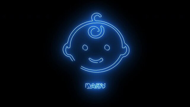 Blue Neon Glowing Icon of a Smiling Baby Face with Pacifier and Curly Hair