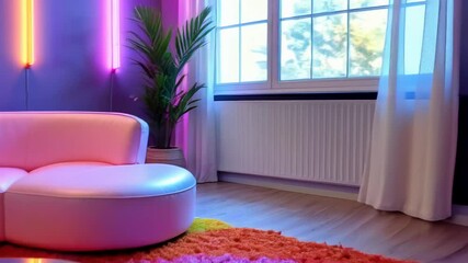 A playful and cutting-edge living room combining retro elements with futuristic design, sleek curved sofas in pastel colors, neon wall lights, and glossy, bubble-like coffee tables. - Powered by Adobe