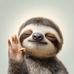 sloth doing a sleepy wave with halfclosed eyes cute expression clean background photorealistic