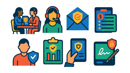 Flat vector icons of insurance processes and agents: policy review meeting, customer service headset, renewal notice envelope, payment schedule icon, policyholder profile, coverage comparison chart,