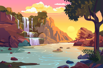 A vibrant, idyllic illustration of a waterfall cascading down rocky cliffs into a serene river during sunset. The scene is colorful and captures nature's beauty.