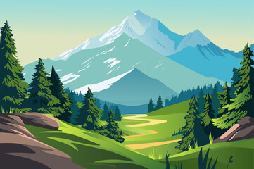 A picturesque landscape featuring majestic mountains, lush greenery, and a winding path. The scene is bright and inviting, showcasing nature's beauty.