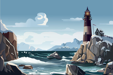 A scenic coastal view featuring a lighthouse, rocky shores, and rolling waves, highlighting the beauty of nature in a tranquil setting.
