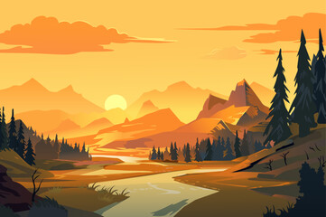 A beautiful sunset landscape with mountains, a river, and trees. The warm colors blend beautifully in this serene illustration. Perfect for nature lovers.