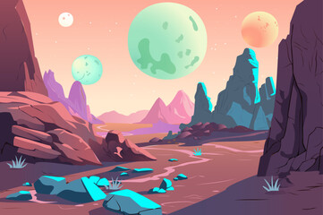 A vibrant sci-fi desert landscape features rocky hills and multiple moons, set against a pastel sky in a 2D illustration style.