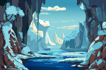 A serene winter landscape featuring rocky cliffs cloaked in snow, icy shores, and a calm blue waterway under a bright sky.