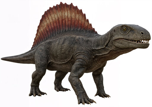 Full shot of a meticulously detailed dimetrodon dinosaur model, rendered with a realistic, aged texture.