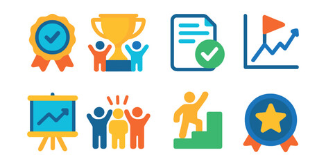 Flat vector icons of workflow success and milestones: completed project badge, team goal trophy, green check document, milestone flag on chart, success board icon, team applause icon, achievement