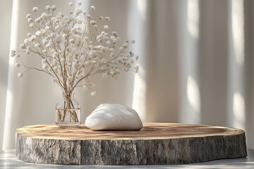 Modern Minimalist Interior Design. Rustic Wood Table and Floral Arrangement for a Serene Living Space