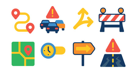 Flat vector icons of logistics route and traffic: delivery route arrows, traffic jam alert icon, alternate route sign, roadblock barrier symbol, logistics waypoint map, estimated travel time badge,