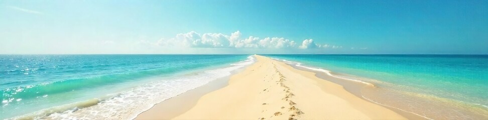 Obraz premium Vast, tranquil beach stretching to a hazy horizon Golden sand meets serene turquoise water under a bright sky Perfect for travel, vacation, and relaxation themes , beautiful, getaway, clear