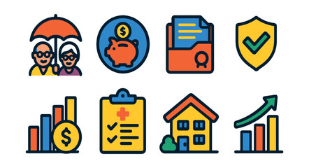 Flat vector icons of retirement and pension insurance: elderly couple with umbrella icon, retirement savings badge, pension contract folder, financial security symbol, monthly pension payment chart,