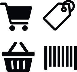 shopping icons in black. cart, basket, barcode and price tag in minimal bold vector style for e-commerce and retail design.
