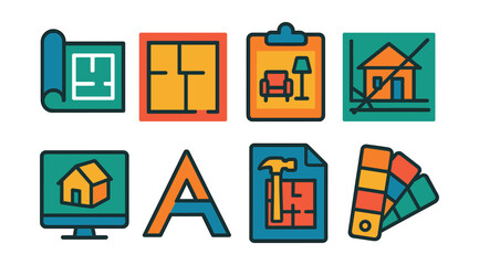 Flat vector icons of architecture and home design: blueprint roll icon, floorplan layout, interior concept board, exterior elevation sketch, 3D model screen, architectural firm logo, renovation plan