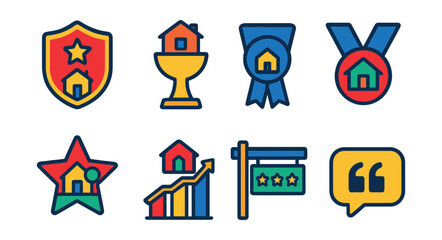 Flat vector icons of real estate awards and achievements: top agent badge, sold fastest trophy, most viewed property ribbon, listing excellence medal, neighborhood expert star, real estate milestone