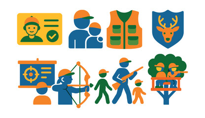 Flat vector icons of young hunters and education: youth hunting license, mentor and child icon, junior hunter vest, first deer badge, hunter safety course chart, youth archery gear, family hunting
