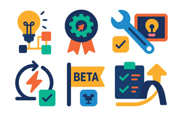 Flat vector icons of innovation in workflow: lightbulb with flowchart, process improvement badge, new tool implementation, creative workflow icon, innovation sprint cycle, beta feature flag, test