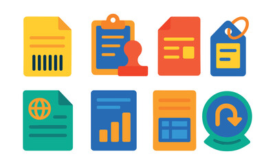 Flat vector icons of logistics documents and labels: invoice with barcode, delivery receipt stamp, packing slip icon, shipping label tag, customs declaration form, bill of lading file, freight