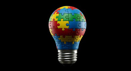 Puzzle Piece Light Bulb on Black Background