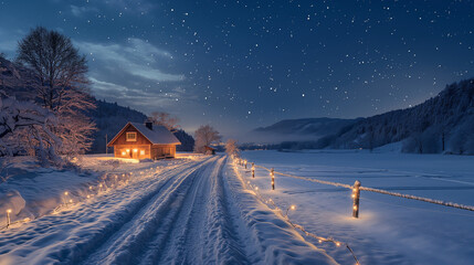 Cozy Cabin Under A Starlit Winter Sky with Snow-covered Landscape