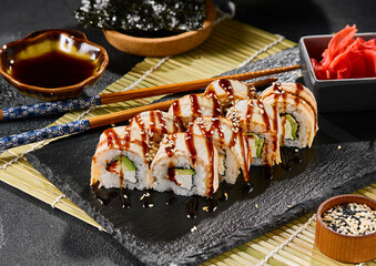 Unagi avocado roll with unagi sauce, Canada maki, dramatic lighting, vibrant color, minimalist composition