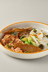 Elegant Salmon Tartare with Flax Bread Minimalist Plate Design in Soft Tones