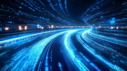 dark blue background, a white curved particle light trail, like the speed of time passing in space,