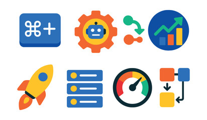 Flat vector icons of workplace efficiency tools: keyboard shortcuts icon, automation software badge, workflow integration tool, system optimizer graph, productivity enhancer symbol, batch processing